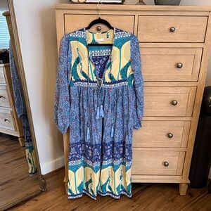 R. VIVIMOS peacock midi dress with tassel ties